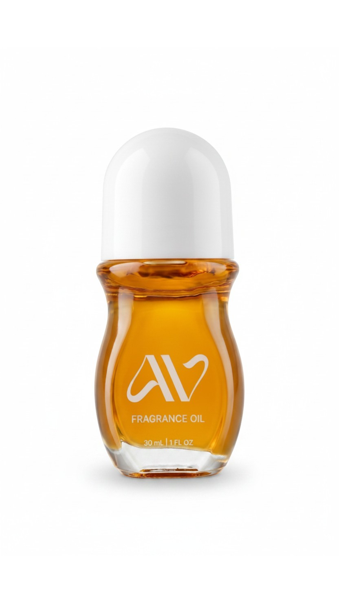 Auravlla Caramel Chiffón fragrance oil in a 30ml glass roll-on bottle with a white cap against a white background.