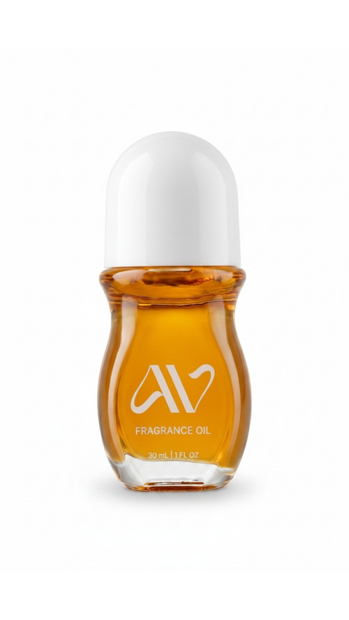 Auravlla Caramel Chiffón fragrance oil in a 30ml glass roll-on bottle with a white cap against a white background.