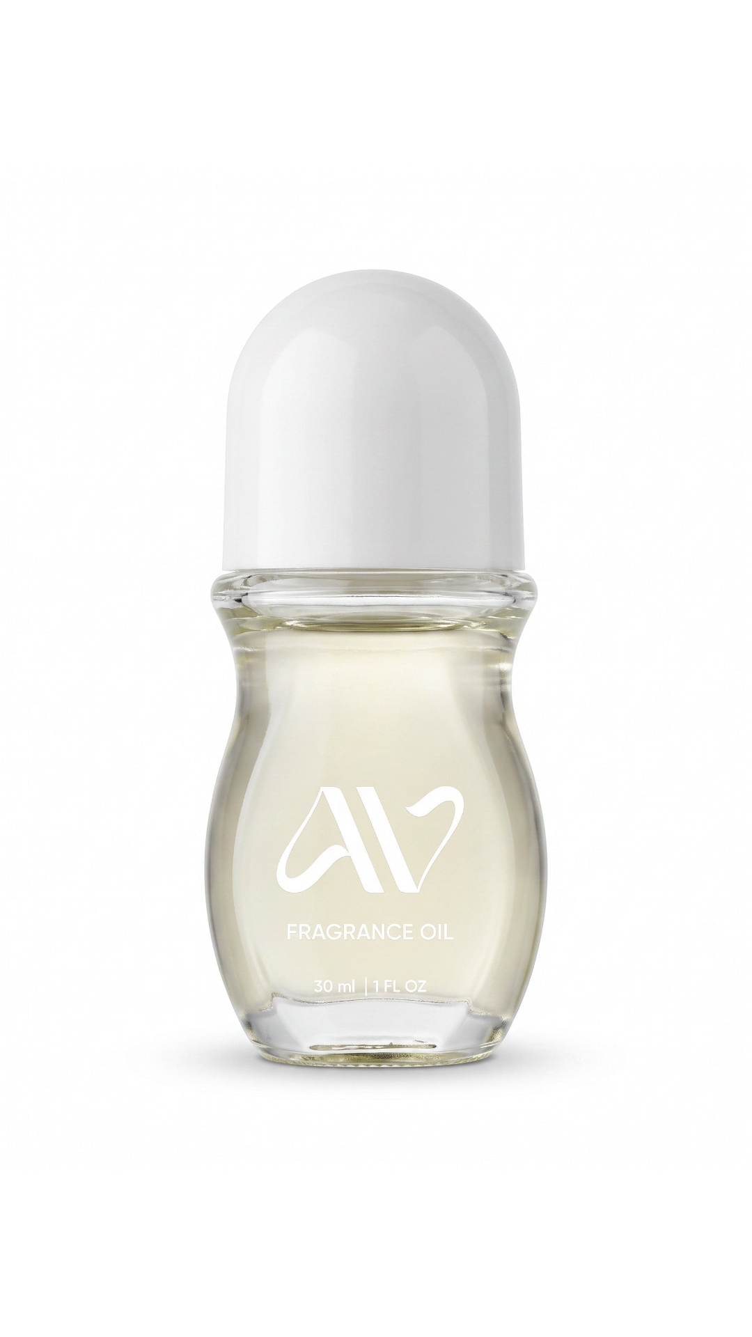 Auravlla FANCY LOVE fragrance oil in a clear glass roll-on bottle with a white cap against a white background.