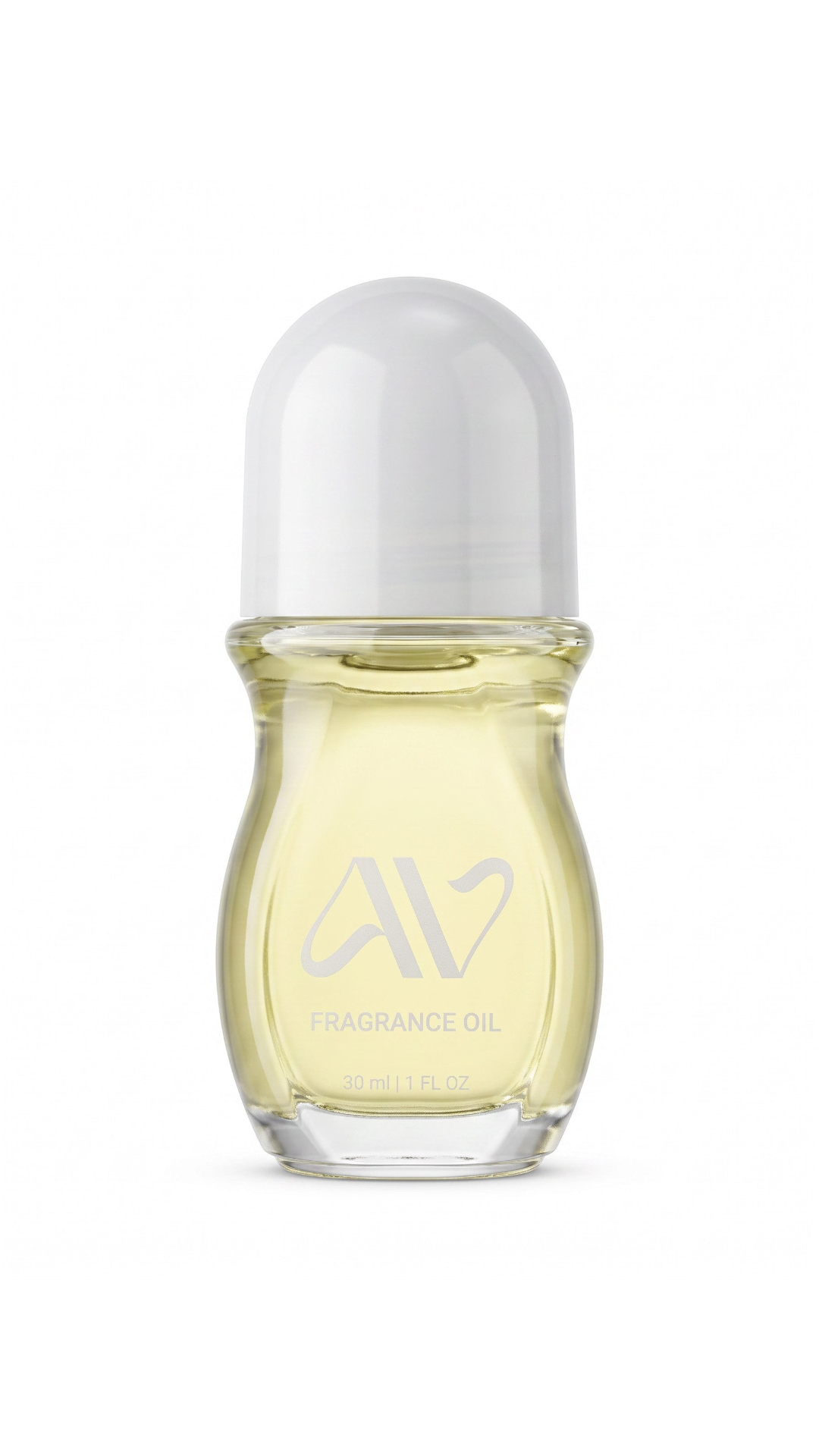 Auravlla FROST fragrance oil in a clear glass roll-on bottle with a white cap and pale yellow liquid perfume.